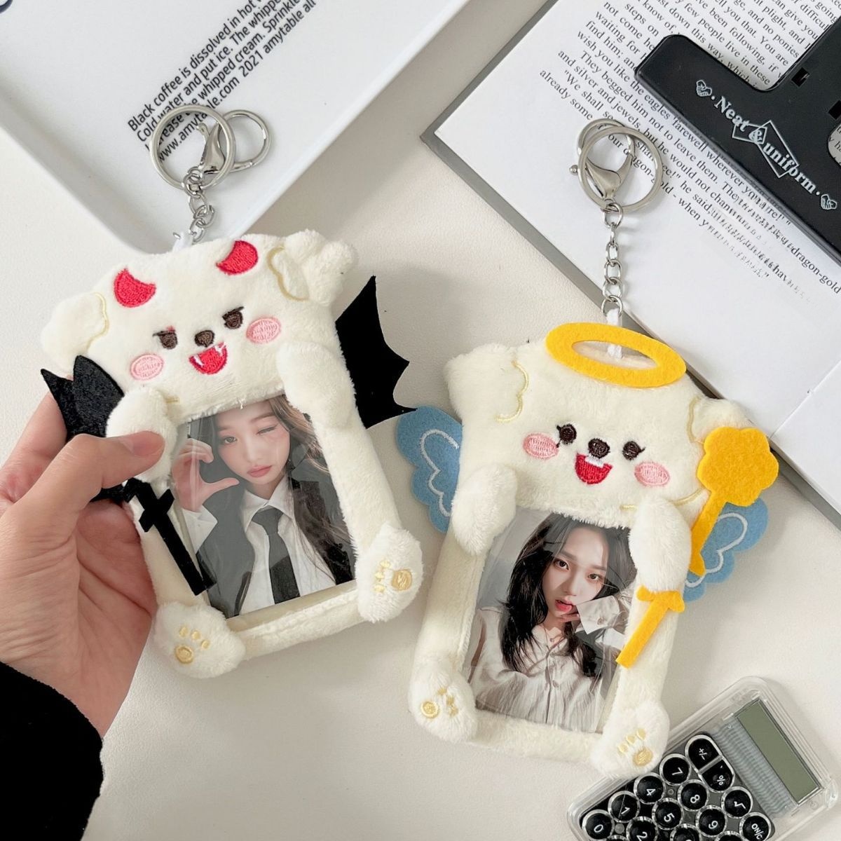 Cute Plush Photocard Holder Angel Devil Series Korean Ins Style Idol Card Protector Case With Keychain For Instax Mini Photos Kpop Fans