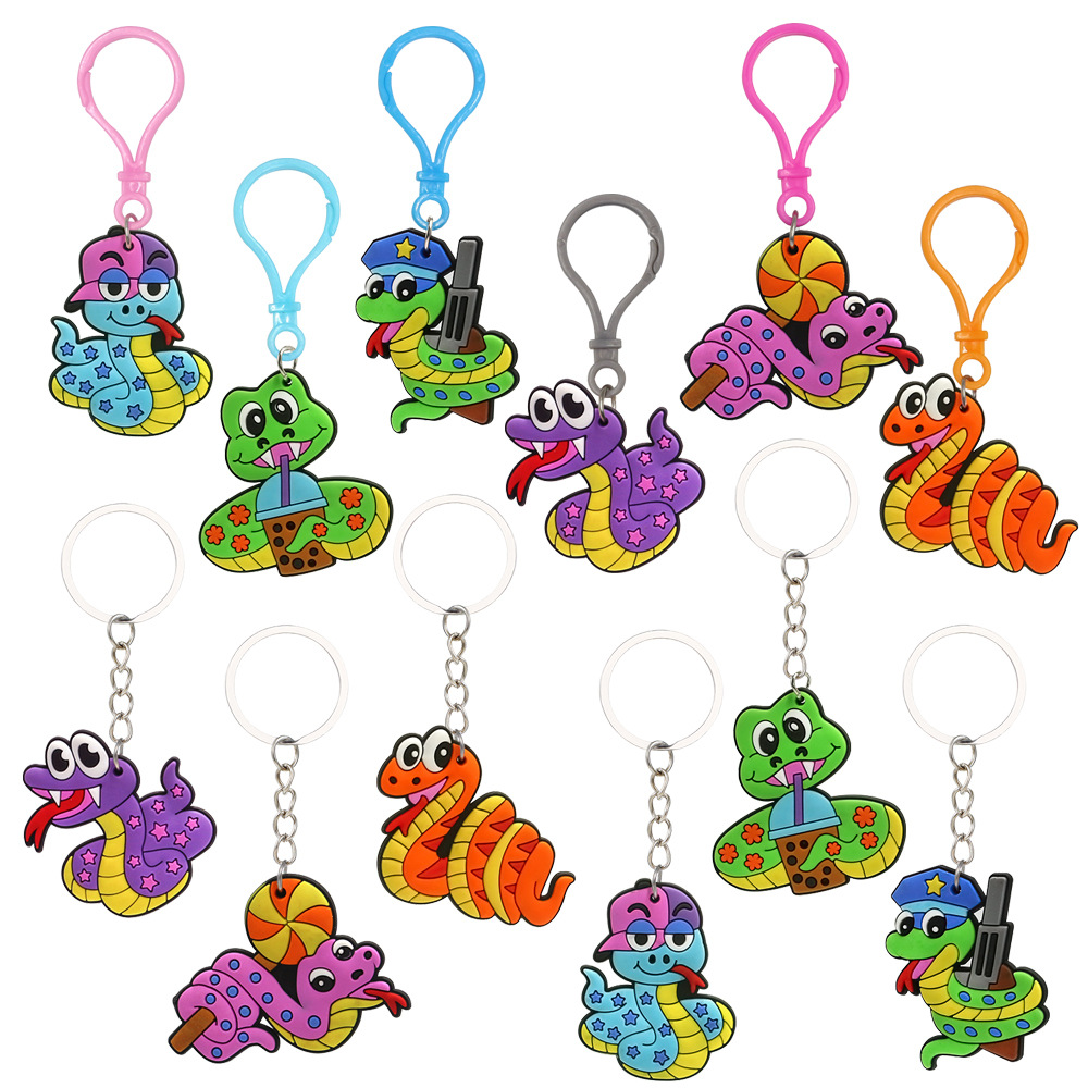 Creative Cartoon Snake Keychain PVC Soft Glue Animal Key Ring Cute Milk Tea Lollipop Star Snake Backpack Pendant Party Favor Small Gifts For Kids Adults