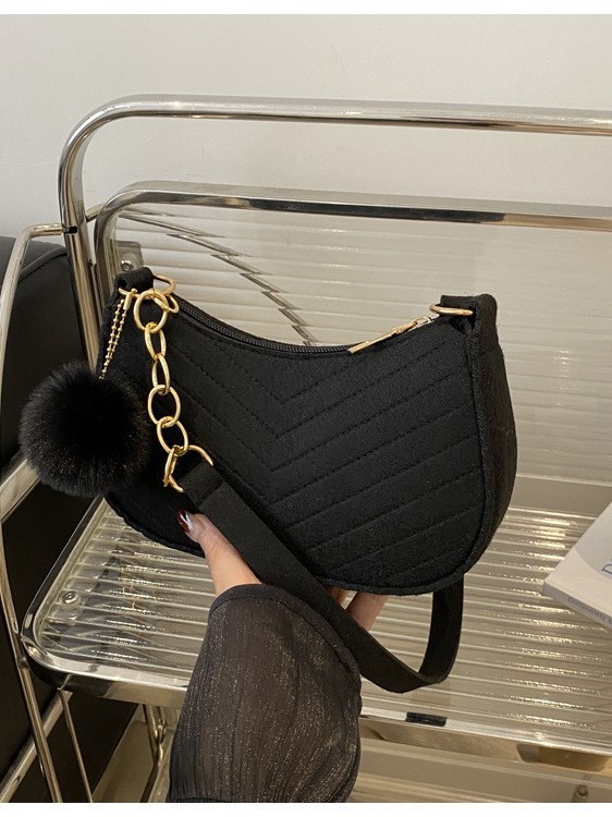 Women's Solid Color Felt Underarm Shoulder Bag With V-Shaped Quilting Gold Chain Hairball Pendant Winter Fashion Casual Small Square Crossbody Purse