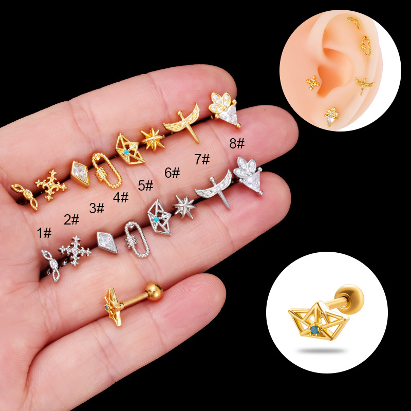 Zircon Stud Earrings With Stainless Steel Earring Post Minimalist Geometric Star Cross Wings Cartilage Piercing Jewelry