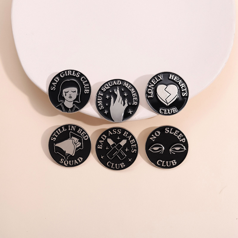 Round Black Enamel Metal Brooch Pins Funny Sad Girls Club Smut Squad Member Badges For Backpack Jacket Clothing Accessories Unisex Gift