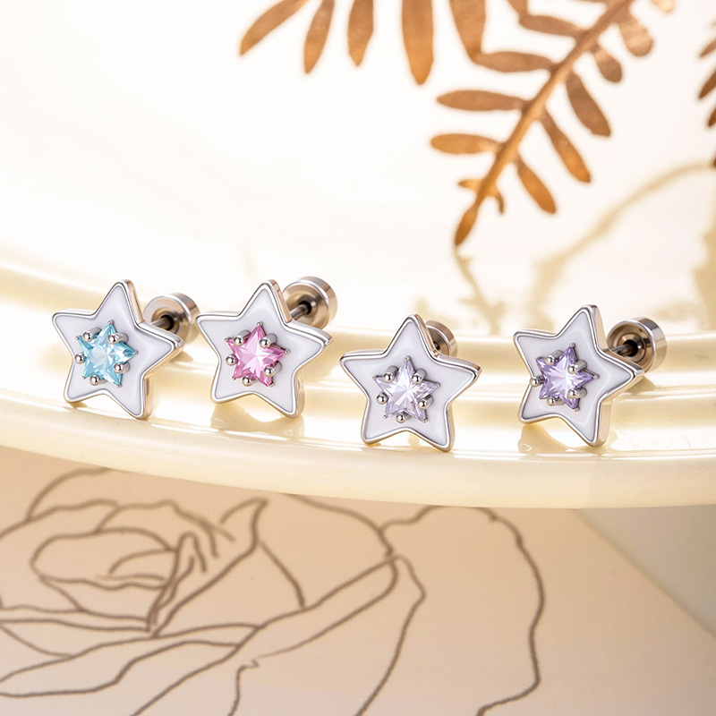 Star Cartilage Stud Earrings White Enamel Titanium Steel Copper Zirconia Inlaid Screw Back Flat Back Piercing Jewelry for Women