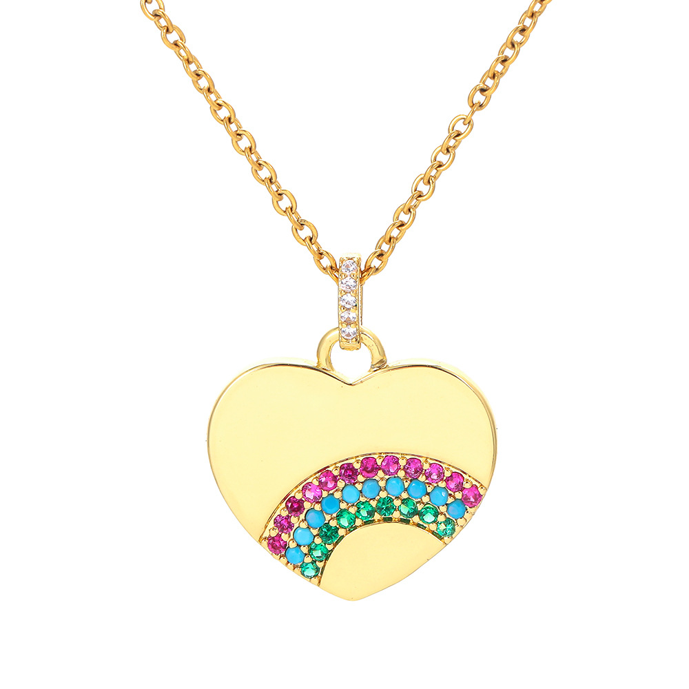 Rainbow Heart Pendant Necklace Copper Multi Color Zircon Inlaid Minimalist Jewelry For Women
