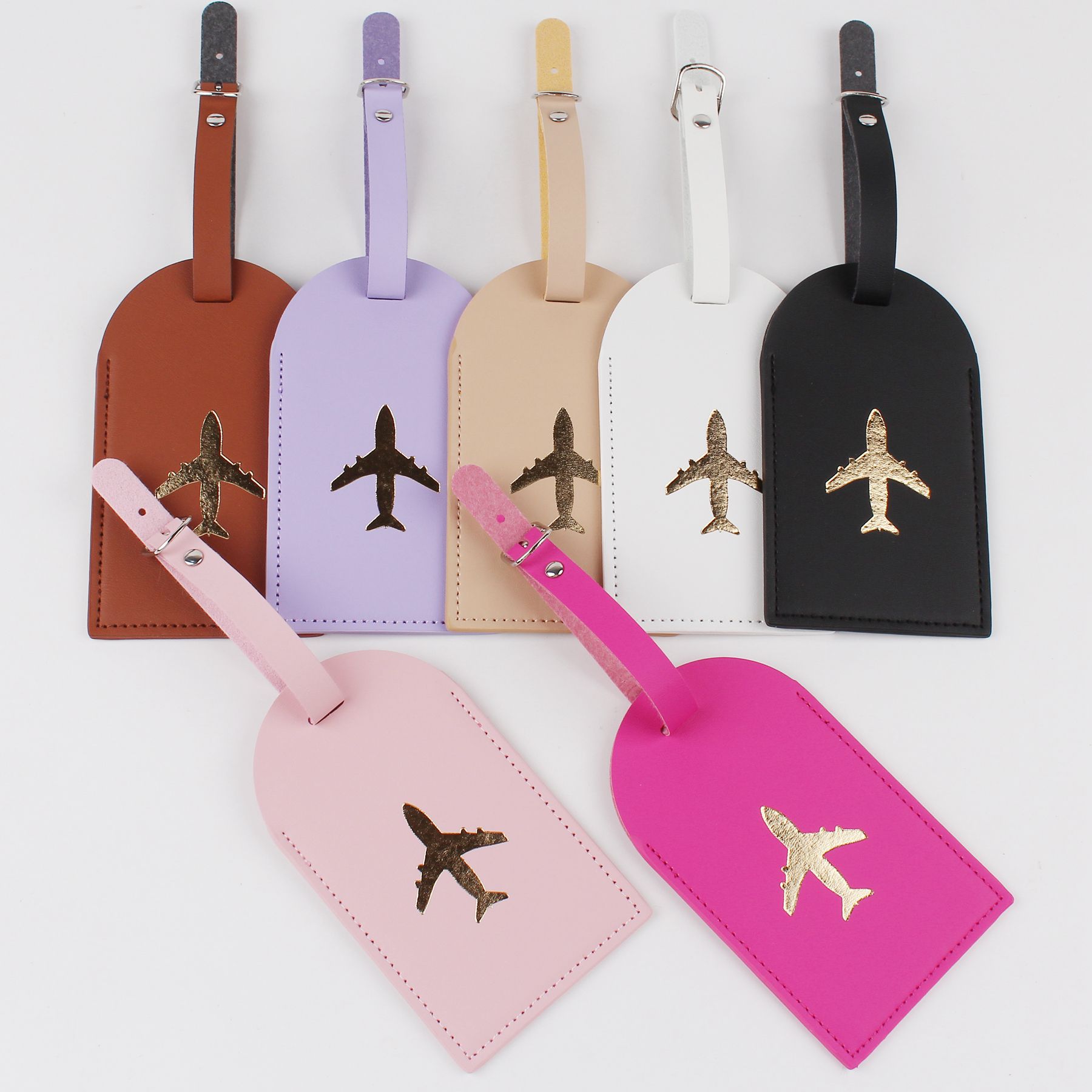 PU Leather Luggage Tags With Gold Stamping Airplane Pattern Travel Suitcase Address Label Name Card Holder Waterproof Luggage Accessories For Travel Bags Women Men