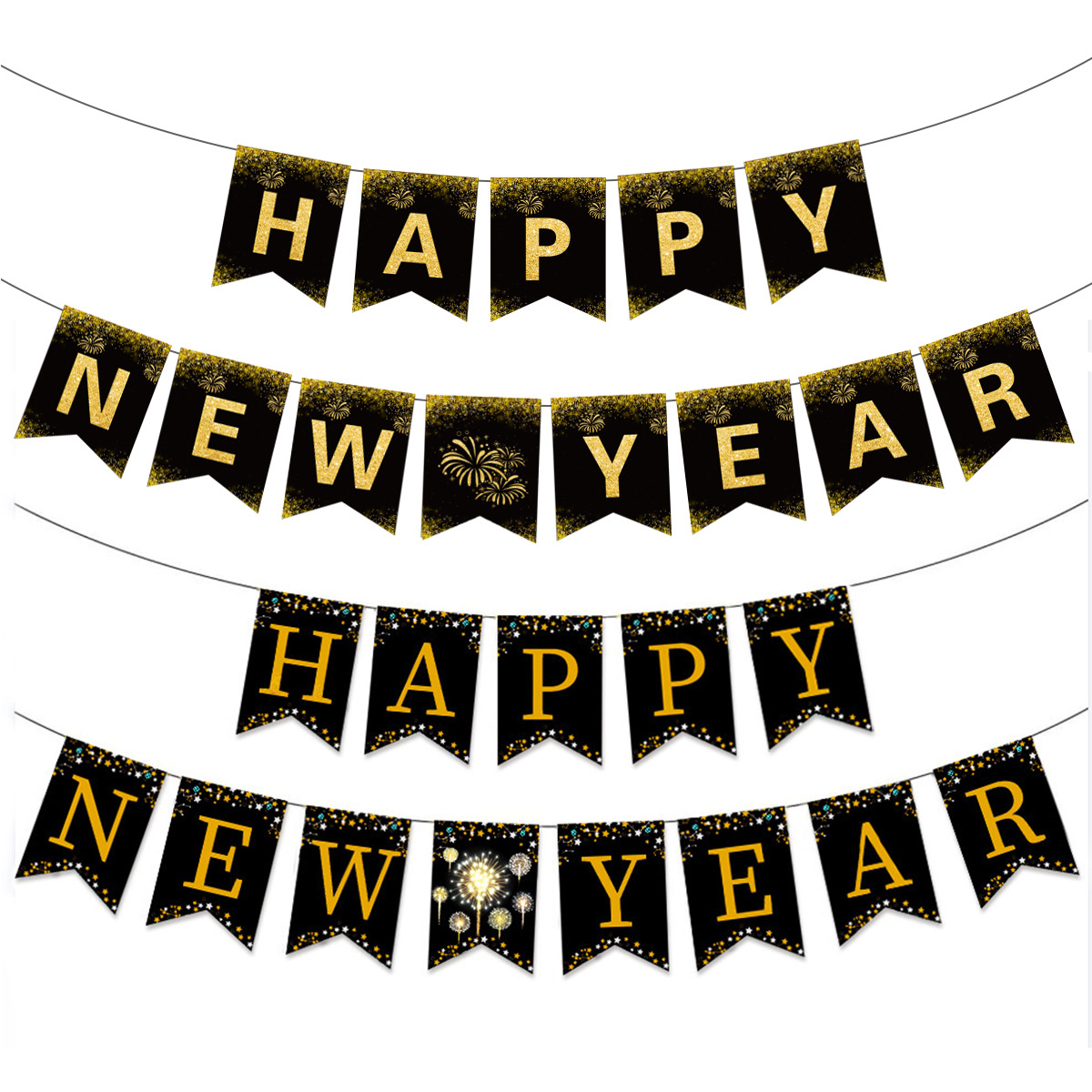 Black Gold Happy New Year Banner Glitter Paper Firework Star Garland For New Year Eve Party Decorations Home Decor