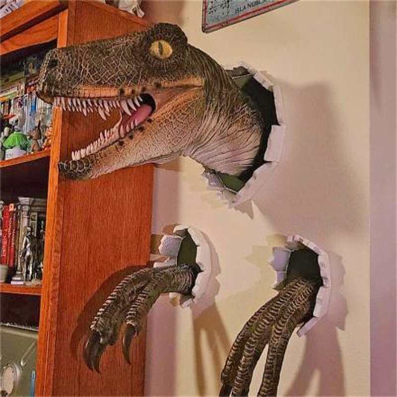 Resin Dinosaur Head and Claws Wall Decor 3D Velociraptor Bust Sculpture Wall-breaking Raptor Figurine for Garden Home Living Room Decoration