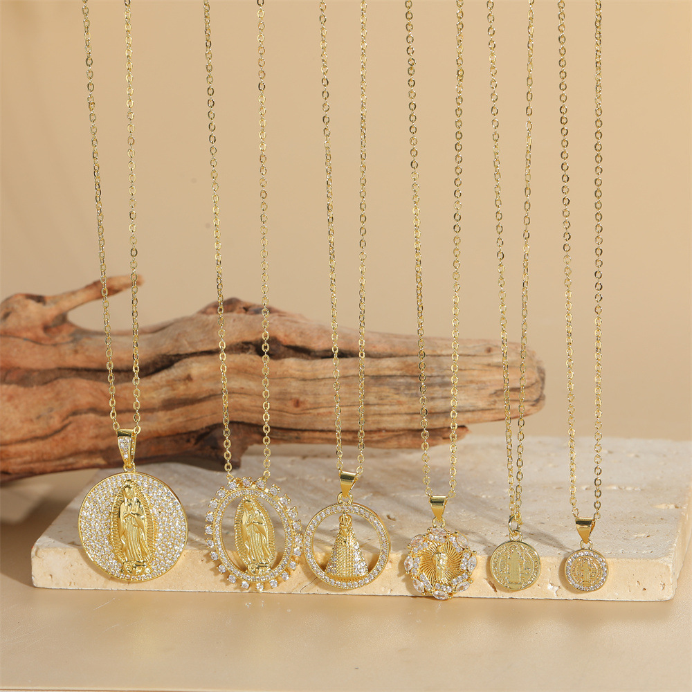 Virgin Mary Religious Pendant Necklace Gold Plated Copper Cubic Zirconia Clavicle Chain Dainty Retro Jewelry For Women