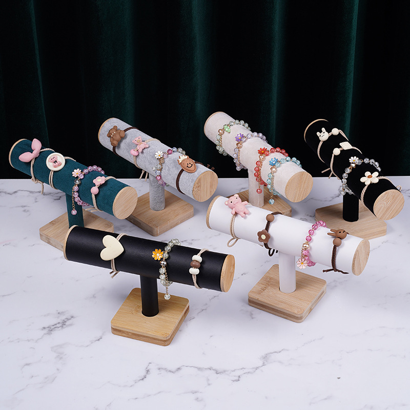 T-Bar Jewelry Display Stand Bamboo Wood Base Velvet PU Leather Bracelet Watch Bangle Organizer Holder For Jewelry Store Shop Countertop Home Dresser Display