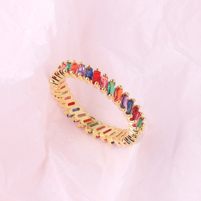 Rainbow Baguette Zirconia Eternity Ring Brass Gold Plated Geometric Colorful Fashion Jewelry For Women