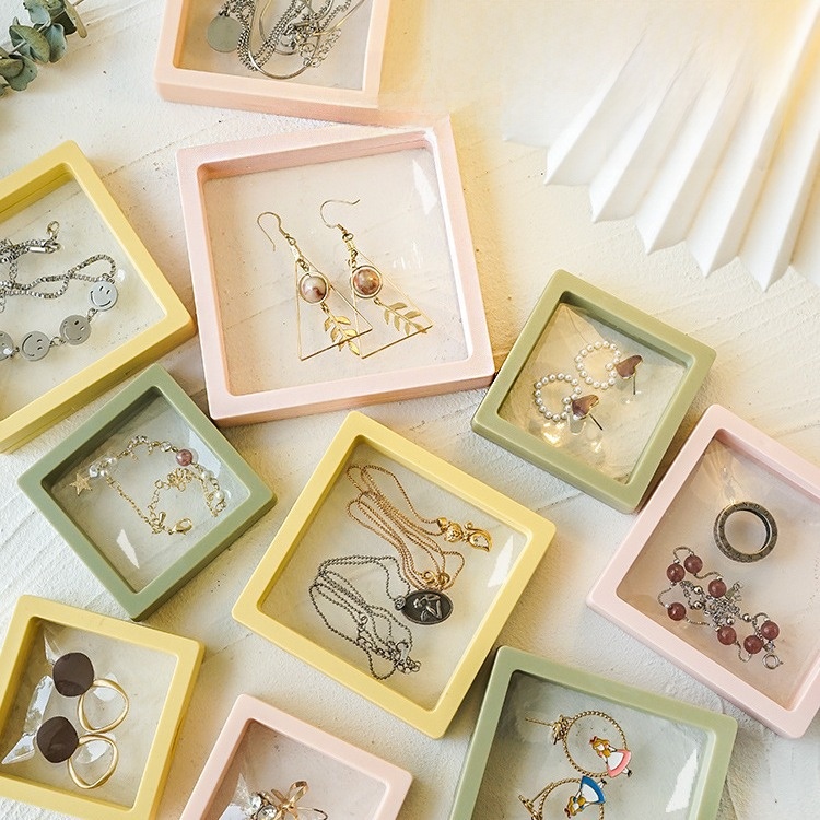 PE Film Floating Jewelry Display Box Anti-oxidation Transparent Suspended Jewelry Storage Case Portable Necklace Earring Ring Display Frame With Acrylic Stand
