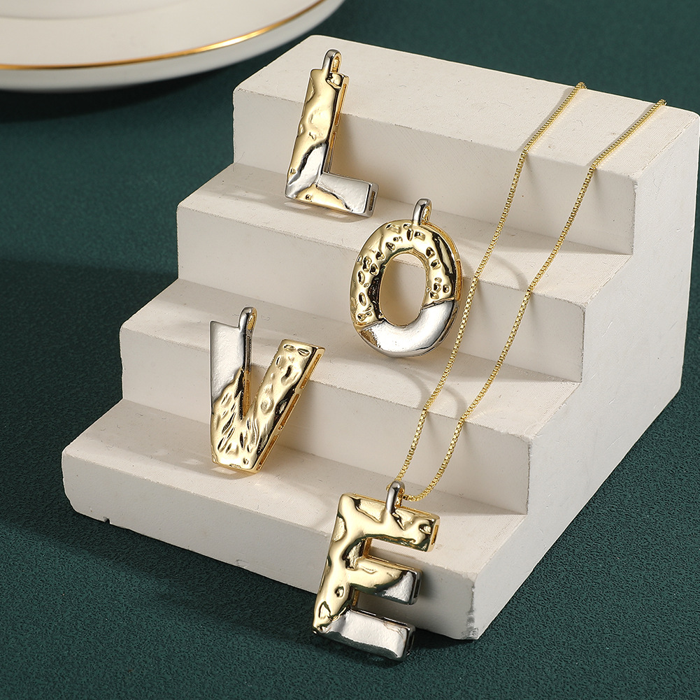 Initial Letter Pendant Necklace Two-Tone Gold Silver Plated Copper Lava Texture Jewelry For Women Fashion Commuting