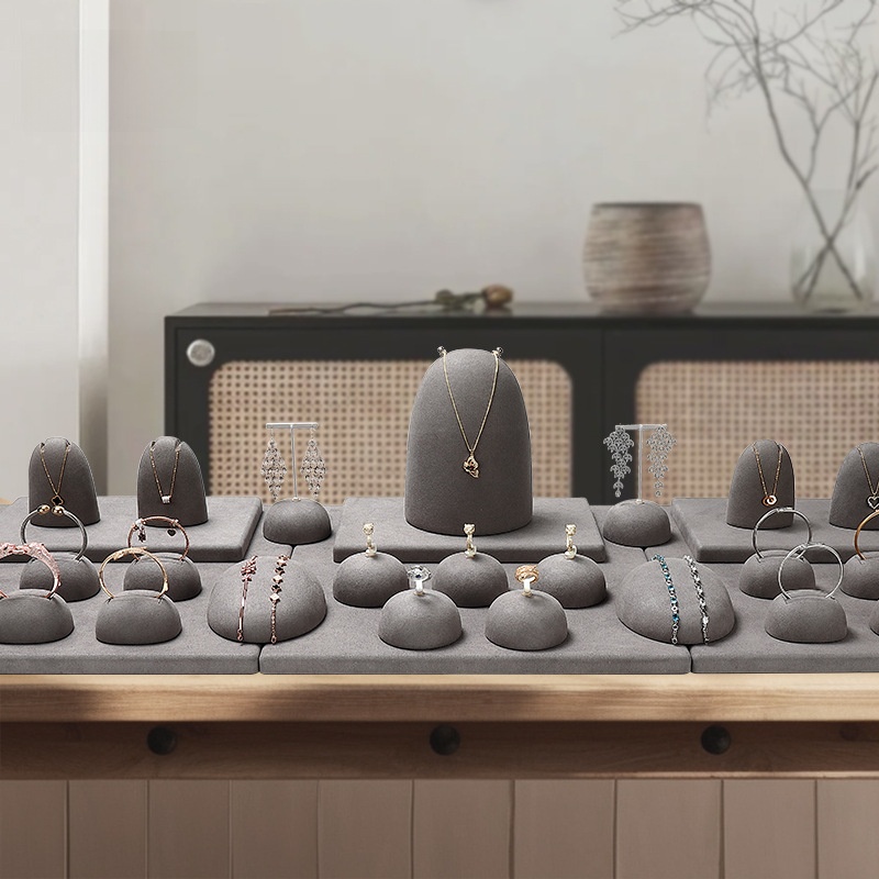 Luxury Microfiber Jewelry Display Stand Set Professional Grey Necklace Ring Earring Holder Props For Jewelry Store Counter Window Showcase Live Streaming