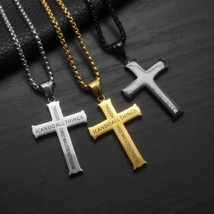 Hip Hop Titanium Stainless Steel Cross Pendant Necklace For Men Women Engraved I Can Do All Things Through Christ Who Strengthens Me Religious Jewelry