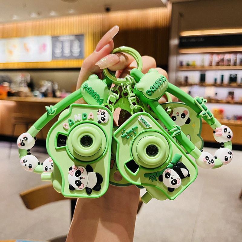 Cute Panda Projector Camera Keychain Cartoon LED Light Glowing Backpack Pendant Green PVC Silicone Key Ring For Kids Party Gift Decoration
