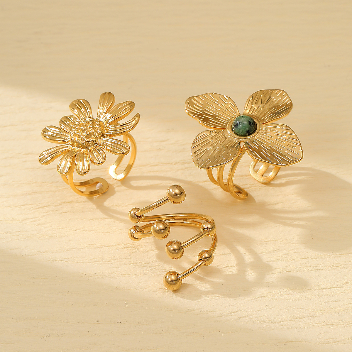 Stainless Steel Flower Ring Vintage Natural Green Stone Elegant Open Finger Jewelry For Women