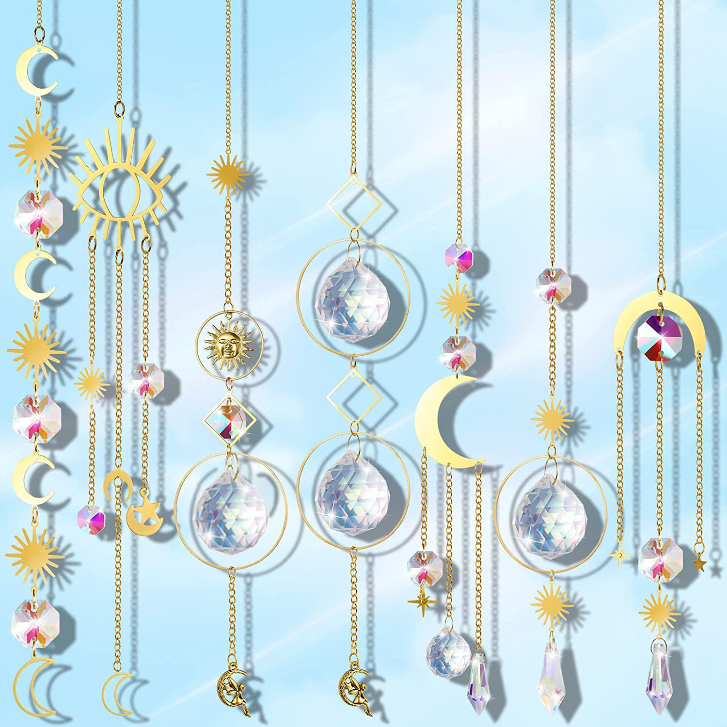 Crystal Suncatcher Gold Metal Celestial Sun Moon Star Hanging Prism Pendant Rainbow Maker For Window Garden Home Decor Boho Ornament Gift