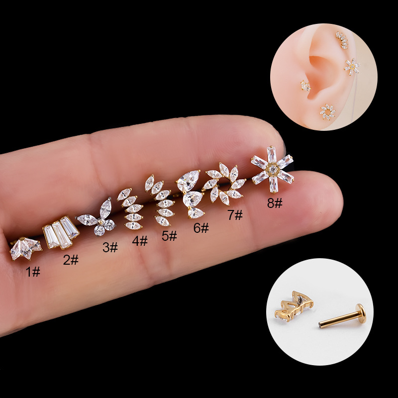 Zirconia Flower Butterfly Heart Cartilage Stud Earrings Stainless Steel Screw Back Flat Back Tragus Helix Piercing Jewelry for Women Daily Party