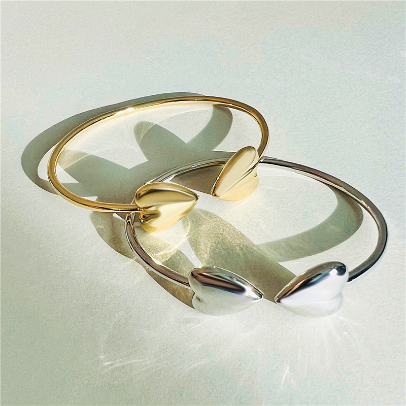 Minimalist Double Heart Open Cuff Bangle 18K Gold Plated Copper Smooth Polished Heart Bracelet For Women
