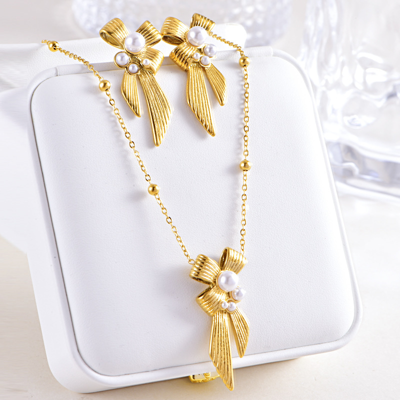 French Vintage Bow Knot Pearl Necklace Earrings Set Gold Plated Stainless Steel Elegant Jewelry For Women