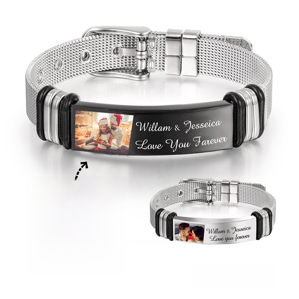 Personalized Custom Photo Name Engraving Bracelet For Men 304 Stainless Steel Mesh Strap Adjustable Jewelry Valentine's Day Gift