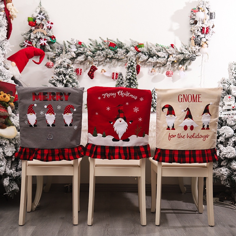 Christmas Chair Covers Linen Buffalo Plaid Gnome Embroidery Chair Back Protectors For Dining Room Holiday Party Xmas Home Decor