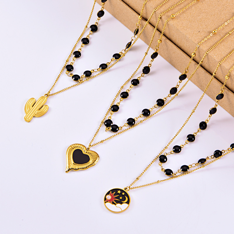 Double Layer Stainless Steel Necklace Gold Plated Black Bead Chain Heart Cactus Sun And Moon Pendants Trendy
