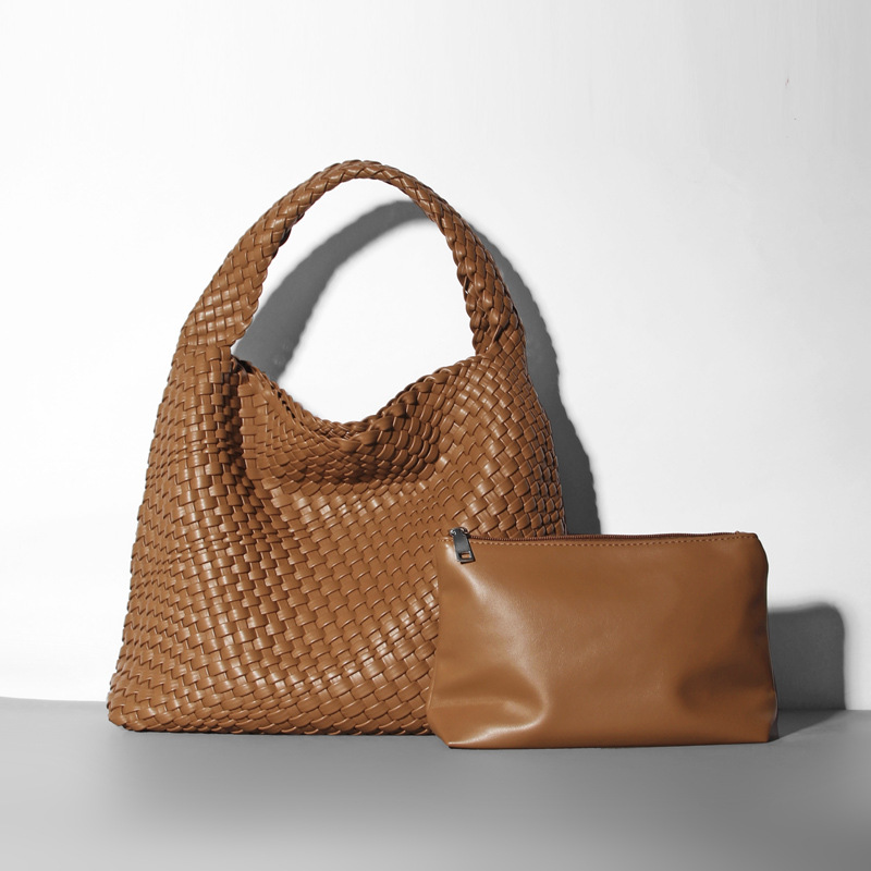 Women Large Capacity Woven Shoulder Bag Vegan Leather Tote Bag With Inner Pouch Stylish Weave Handbag For Office Daily Travel Stylish Women Purse