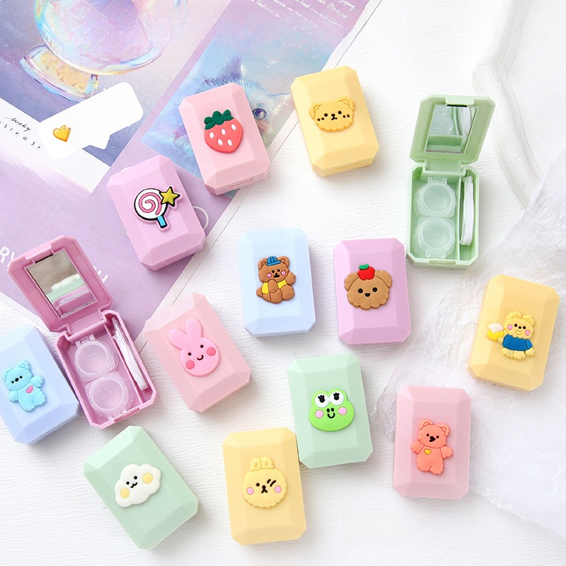 Cute Cartoon Contact Lens Case Portable Plastic Mini Mirror Container Set For Travel Women Girls 3D Bear Rabbit Design Eye Care Storage Box
