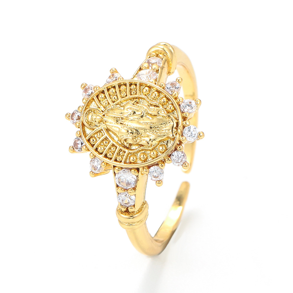 Virgin Mary Adjustable Open Ring Copper Cubic Zirconia Our Lady Of Guadalupe Religious Vintage Jewelry For Women