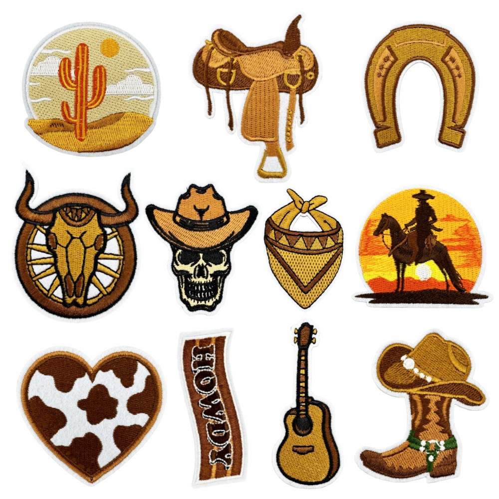 11Pcs Western Cowboy Embroidery Patches Iron On Sew On Decorative Applique Patches For Clothing Hats Bags DIY Cowboy Hat Boot Cactus Howdy Patches