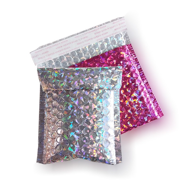 Holographic Laser Bubble Mailers Thickened Shockproof Waterproof Self Adhesive Padded Shipping Envelopes Hologram Laser Metal Film Shipping Bags For E-commerce Gift Packaging