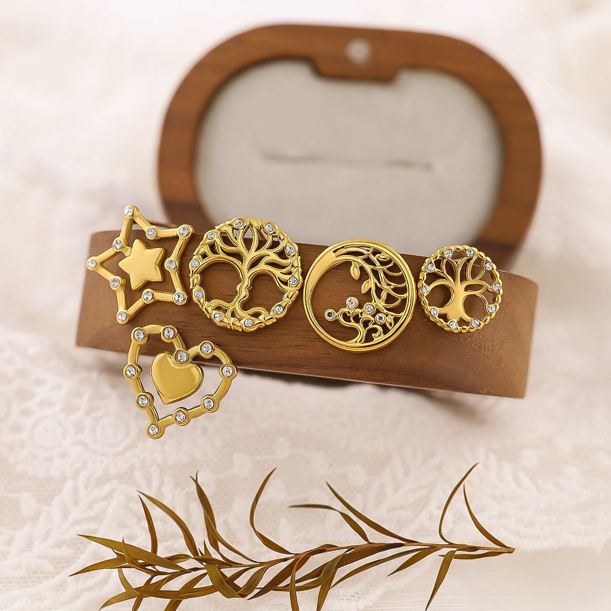 Tree Of Life Heart Star Stud Earrings Stainless Steel 18K Gold Plated Crystal Hollow Geometric Jewelry For Women