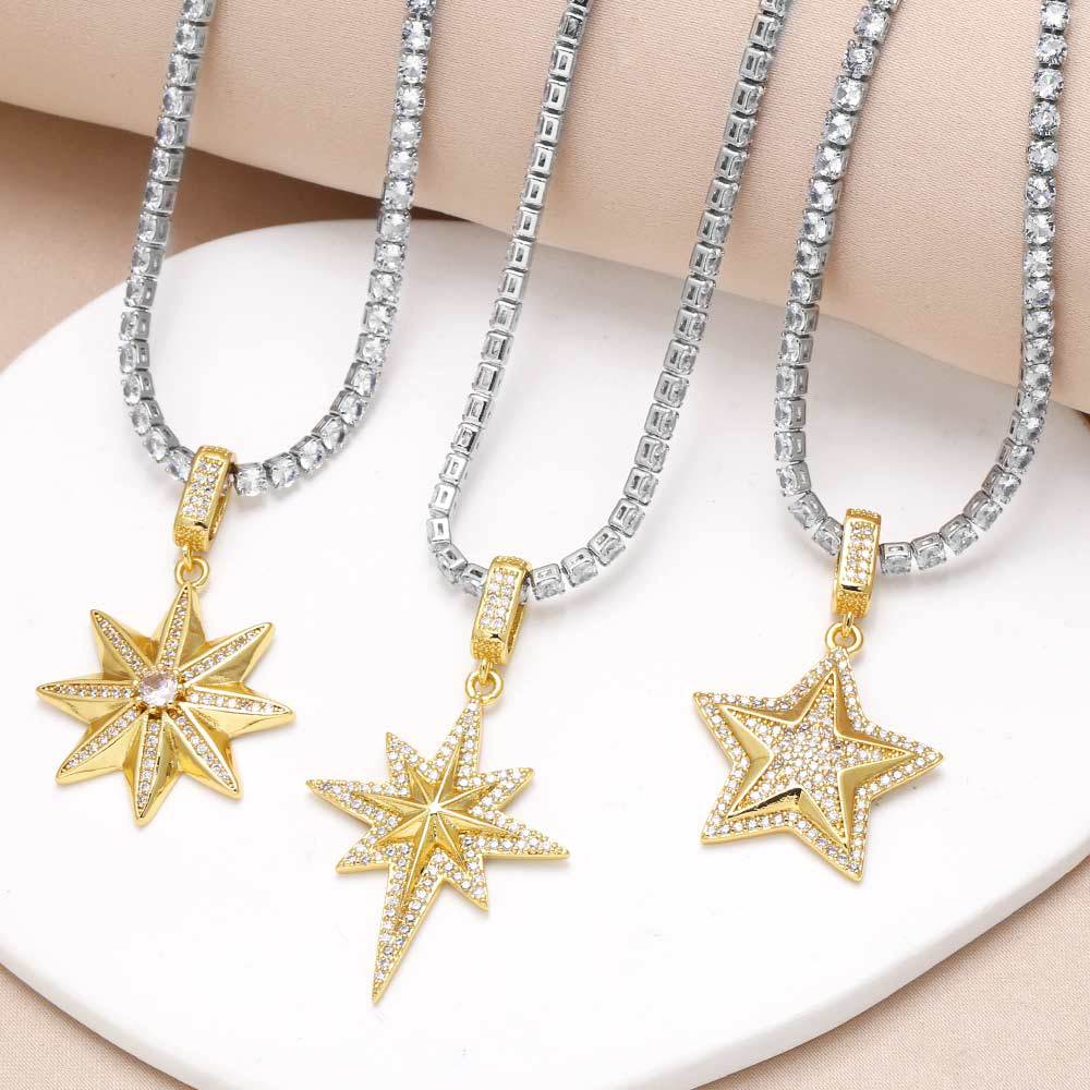 18K Gold Plated Brass Cubic Zirconia Star Pendant Necklace for Women Silver Tennis Chain North Star Pentagram Octagon Star Sparkly Clavicle Choker Jewelry