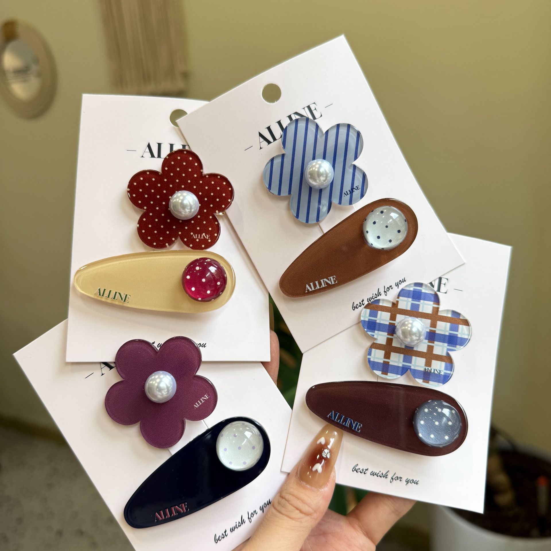 Alline Korean Version Oval Polka Dot Mini Fabric Bb Clip Versatile Floral Hair Clip Simple Bangs Clip Hairpin