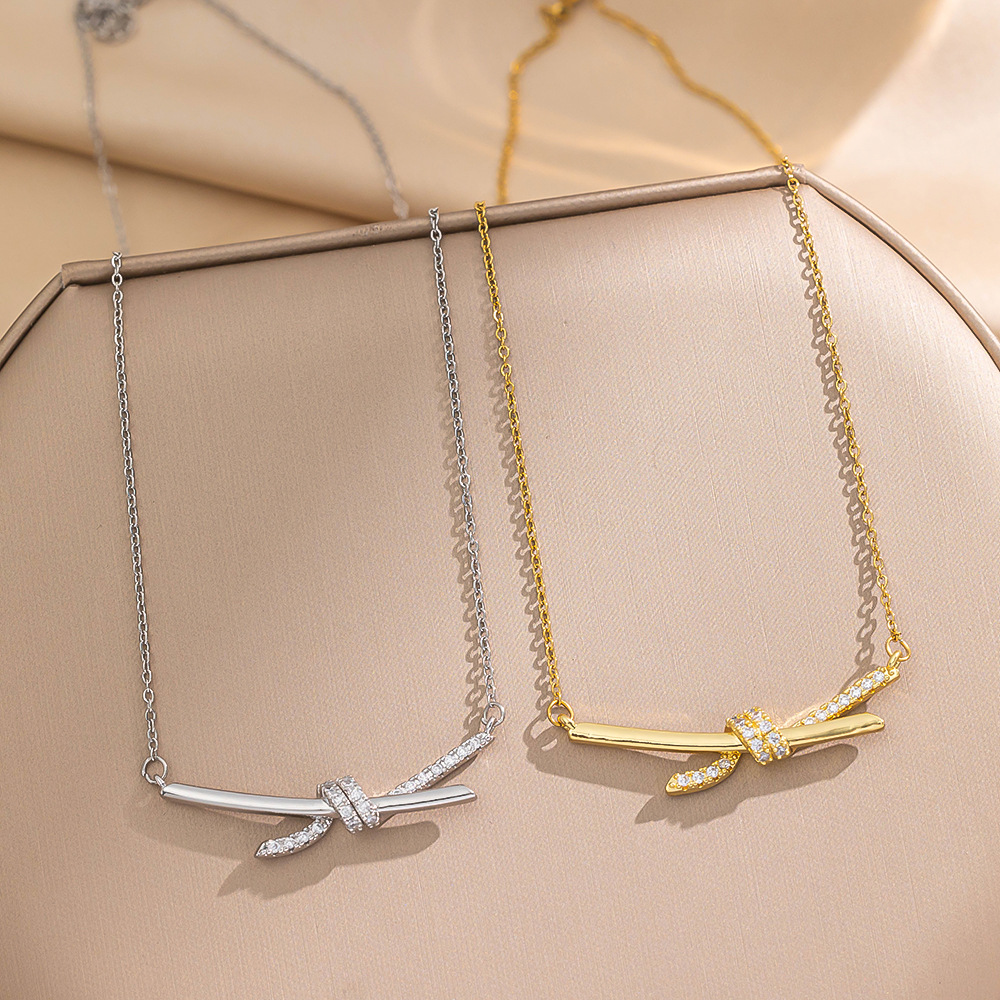 Minimalist Knot Design Stainless Steel Pendant Necklace With Sparkling Zirconia For Women Elegant Luxury Jewelry Gift Gold Silver Options