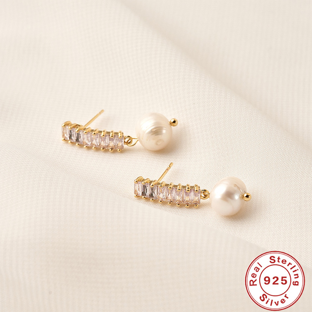 925 Sterling Silver Drop Earrings With Shell Pearl And Rectangular Zirconia Elegant Luxury Jewelry For Women