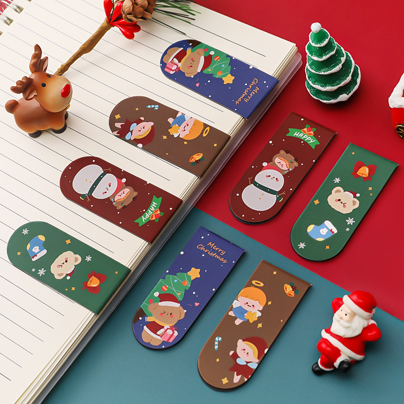 Christmas Magnetic Bookmarks Cute Cartoon Santa Snowman Reindeer Angel Double-Sided Waterproof Page Markers Student Stationery Holiday Gift Set