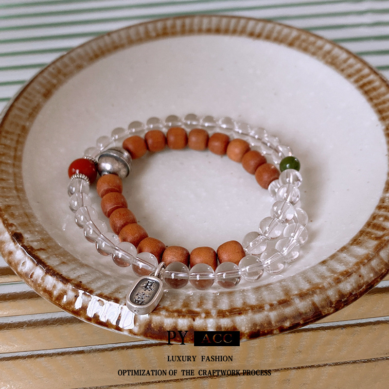 Double Layer Beaded Bracelet With White Crystal And Barbie Sandalwood S925 Sterling Silver Luck Charm Pendant Wealth Good Fortune For Women Jewelry