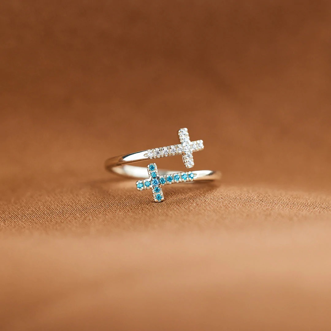 925 Sterling Silver Double Cross Open Adjustable Ring With Blue And White Zirconia Fashion Jewelry For Women Sister In Christ Gift
