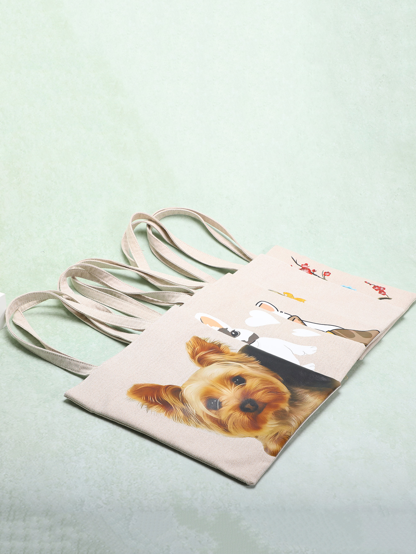 Cute Cartoon Dog Cat Print Canvas Tote Bag For Women Eco Friendly Reusable Shoulder Shopping Bag Large Capacity Casual Handbag