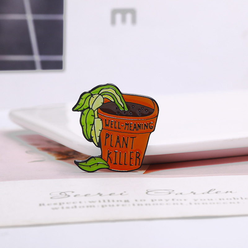 Humorous Well-Meaning Plant Killer Metal Enamel Brooch Cartoon Withered Potted Plant Alloy Badge Pin For Clothing Backpack Decor