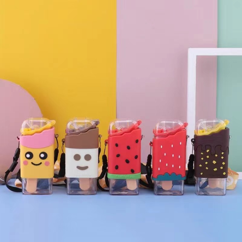 Creative Popsicle Shape Kids Water Bottle Tritan Silicone Leakproof Straw Cup With Adjustable Strap Portable Cute Ice Cream Design Drinking Bottle For School Outdoor Travel Children 300ml