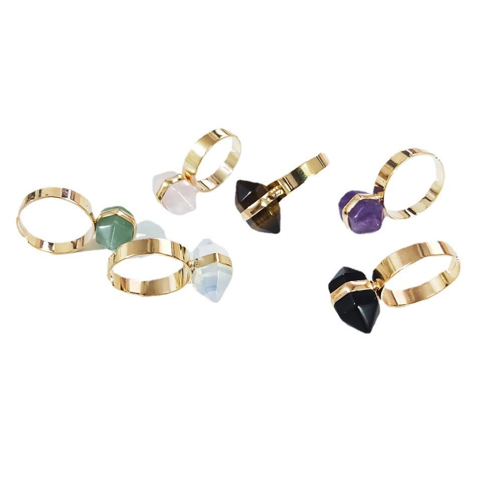 Fashion Hexagonal Pillar Natural Stone Ring Gold Plated Adjustable Open Crystal Ring Amethyst Rose Quartz Tiger Eye Aventurine Boho Jewelry for Women Men