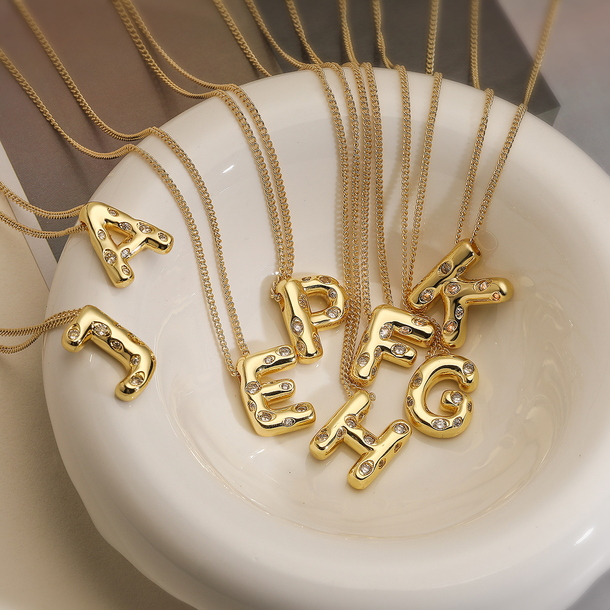 Initial Letter Pendant Necklace Copper Gold Plated With Zircons Puffy Bubble Style Fashion Jewelry For Women