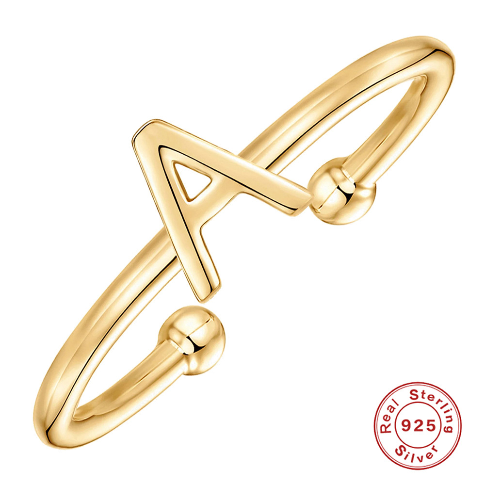 Minimalist S925 Sterling Silver Initial Letter Open Ring Adjustable Gold Plated Capital Alphabet Smooth Finger Rings For Women Fashion Jewelry Gift