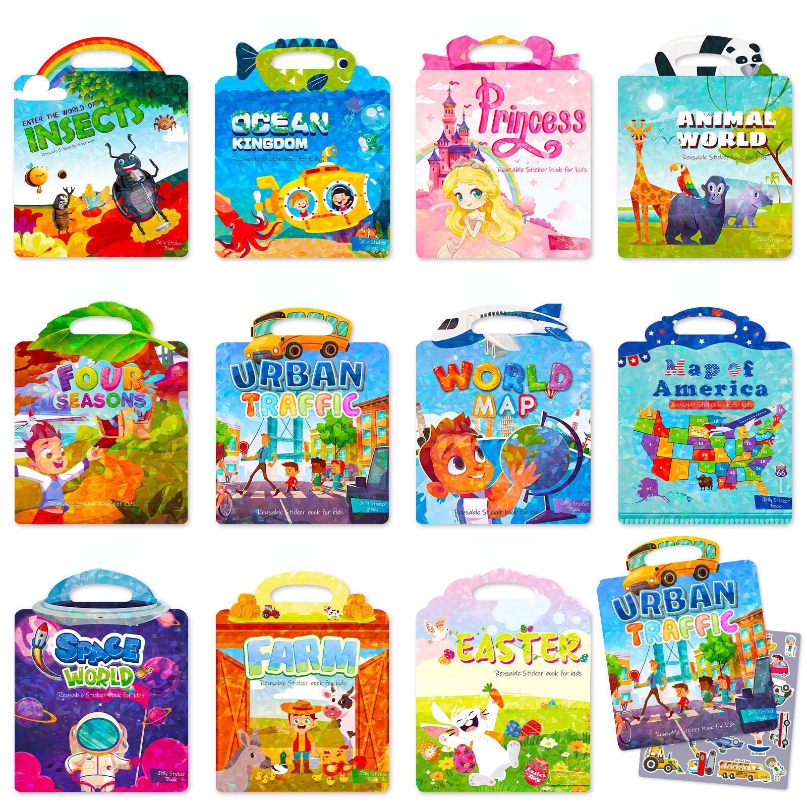Reusable Jelly Sticker Book for Kids Toddlers Educational Toys 3D Static Stickers Book Animals Space Ocean Princess Theme Early Learning Activity Travel Games Waterproof Sticker Book