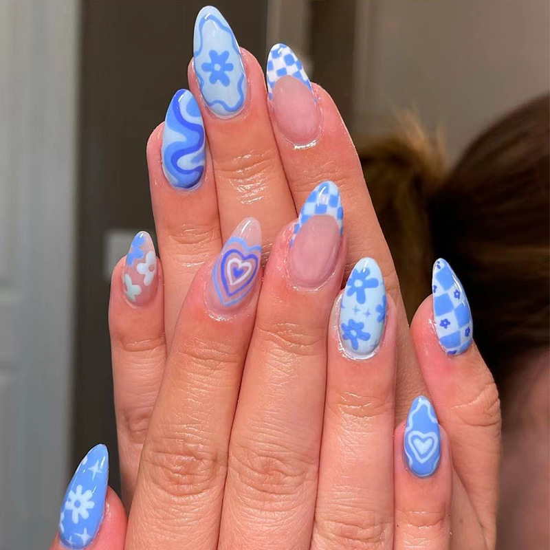 24Pcs Sky Blue Heart Almond Press On Nails Flower Checkerboard Design Artificial Fake Nails Set For Women DIY Manicure ABS Plastic Nails With Jelly Glue And Nail File