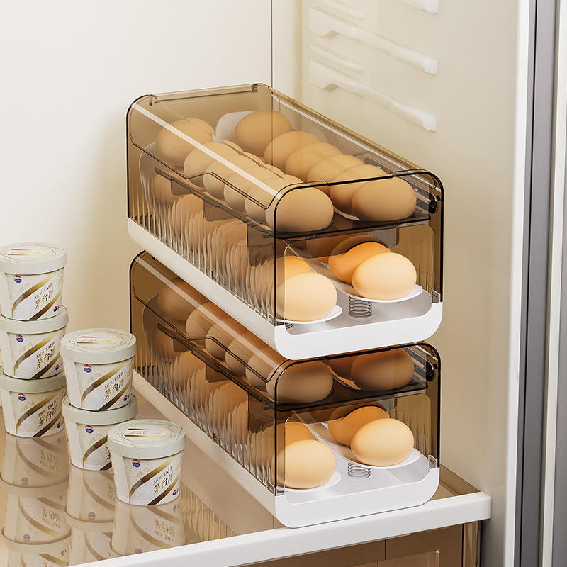 Automatic Rolling Egg Storage Box 2 Tier Large Capacity PET PP Plastic Refrigerator Organizer Fresh Keeping Container For Fridge Kitchen Space Saving