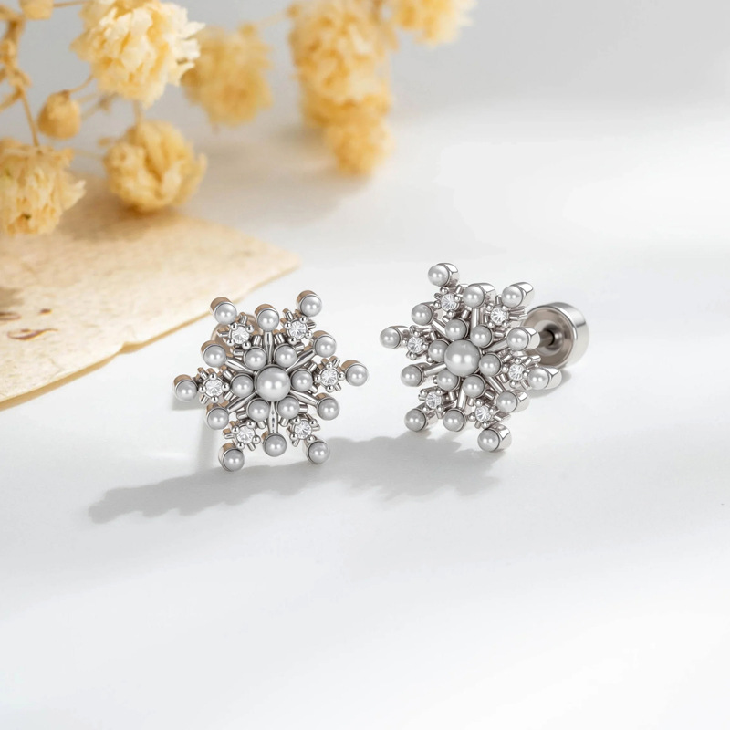 Elegant Snowflake Ear Cartilage Studs Titanium Steel Copper Zirconia Pearl Screw Back Flat Back Pierced Earrings for Christmas Party Women Jewelry
