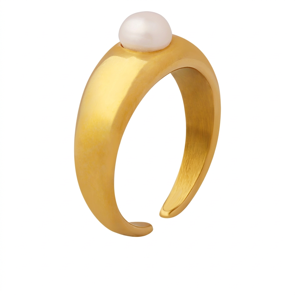 French Style Minimalist Open Ring Freshwater Pearl Titanium Steel 18K Gold Plated Adjustable Jewelry Elegant Women